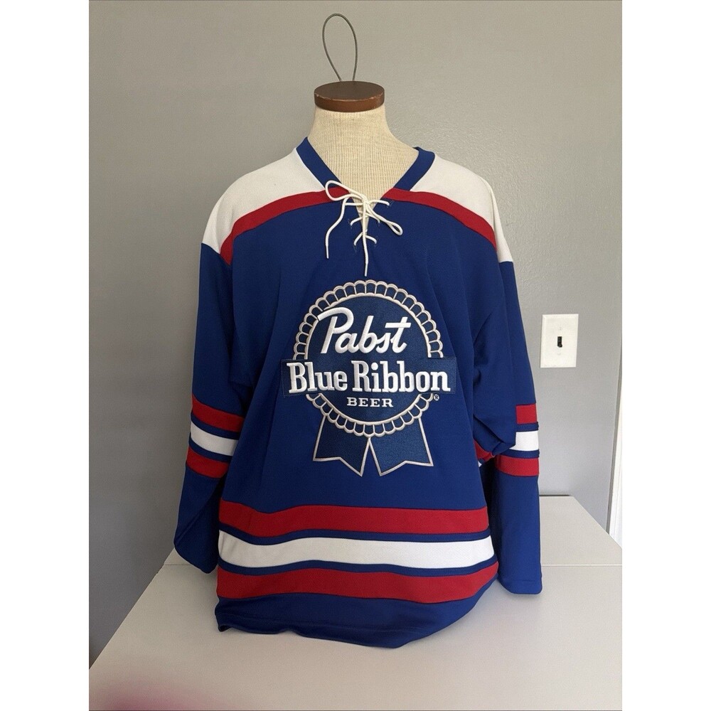 K1 Pabst Blue Ribbon Beer Men’s Large Blue Embroidered Logo Hockey Jersey RARE